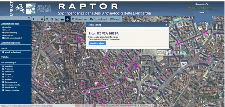 Fig. 6. La Mappa generale di RAPTOR con i siti della Carta Archeologica di Milano già inseriti