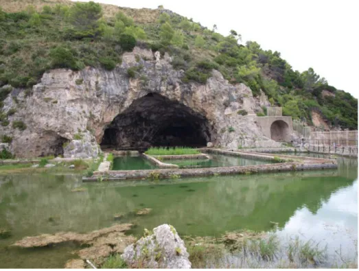 Fig. 7. Foto della grotta e del sistema di vasche e bacini circostante  (foto dell’Autore)