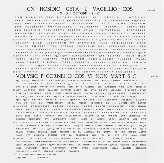 Fig. 5. Trascrizione della tavola bronzea scoperta a Ercolano e riportante i testi dei senatus consulta  Hosidianum e Volusianum (CIL X, 1401)