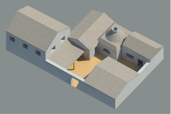 Fig. 19. Casa A1. Ricostruzione tridimensionale vista da nord-est  (elaborazione grafica dell’a.)
