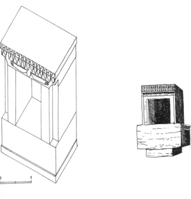 Fig. 3. A sinistra: ricostruzione del maabed (edicola) dell’area sacra di sa Punta ‘e su Coloru; a destra: edicola di 