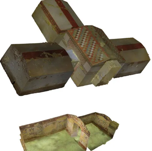Fig. 1.  Modello 3D della Tomba Bettini e particolare del modello 3D della Tomba della Caccia e della  Pesca a Tarquinia