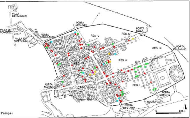 Fig. 5. Pompei, collocazione delle strutture. In rosso le popinae, in verde le cauponae, in azzurro gli stabula e in giallo gli hospitia