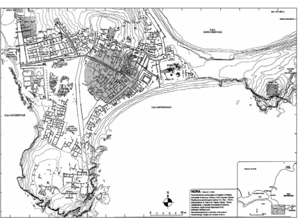 Fig. 1. Il sito di Nora e l’area E. (Da B EJOR  - M IEDICO  - A RMIROTTI  2005, fig. 1