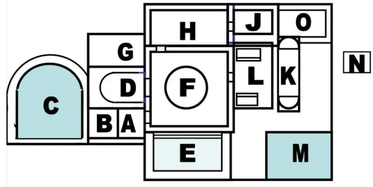 Fig. 4. Gortina, le Terme Milano: schizzo con l’indicazione delle lettere con cui vengono indicati gli ambienti