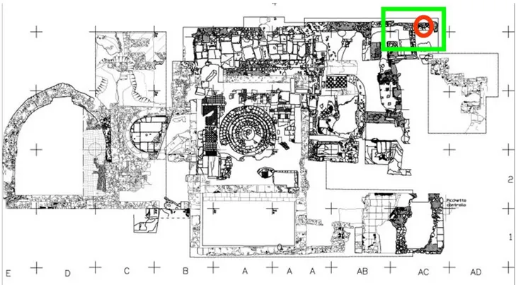 Fig. 7. Gortina, le Terme Milano: pianta dell’esistente, con indicazione del luogo di rinvenimento della testa di  Igea