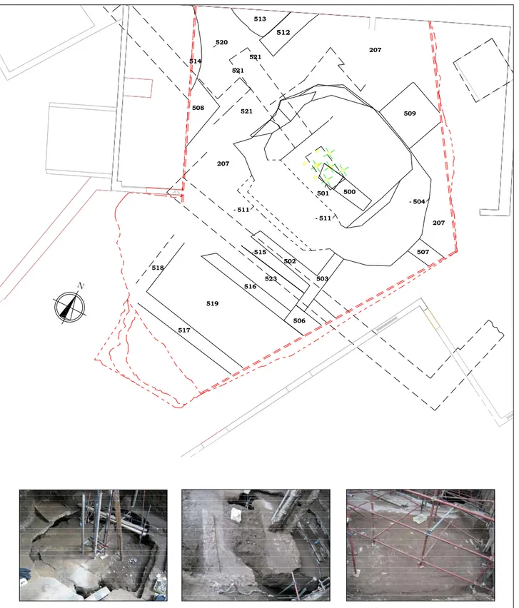 Fig. 3. Roma. Via Labicana - Caserma “Ce.Ri.Co.”. Planimetria e foto area di scavo. 