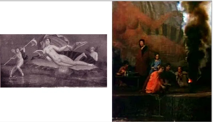 Fig. 6. Pompei, Casa della Venere in Conchiglia, affresco del muro di fondo del peristilio (a sinistra); Lupanare  (Scena VI, inq