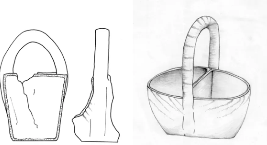 Fig. 2 e 3. Frammento di una “saliera”o “portaspezie” ed ipotetica ricostruzione.  