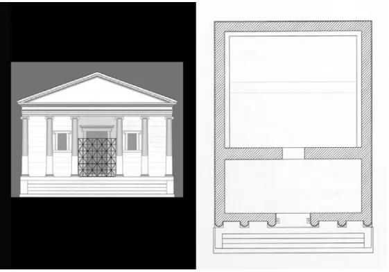 Fig. 5. Gortina, pianta e ricostruzione del prospetto del Tempio (da L IPPOLIS  -  L IVADIOTTI  - R OCCO  2005)