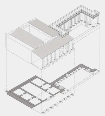Fig. 8. Gortina, area del Tempio Ellenistico. Edificio pubblico  tardoantico e ninfeo (elaborazione grafica: Politecnico  di Bari)