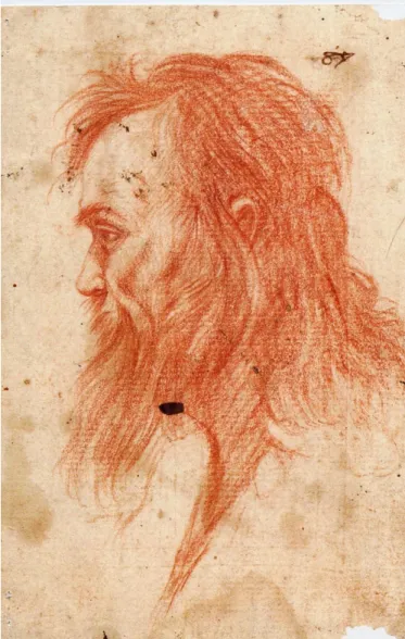 Fig. 1: Disegno di collezione privata, raffigurante un profilo maschile, tracciato a  sanguigna su un supporto cartaceo congruente, in parte diminuito lungo le bordure 