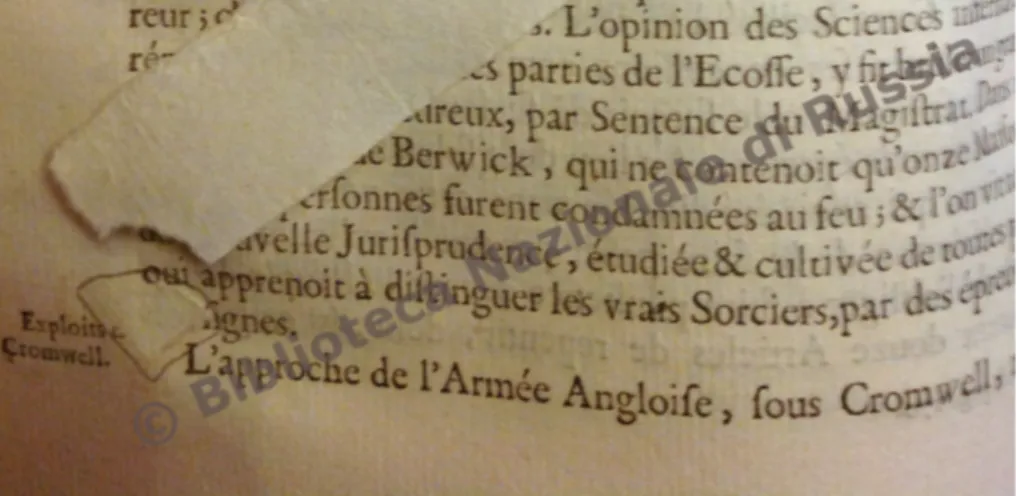 Fig. 3. Cartiglio (contornato al lapis) e segnalibro in David Hume, Histoire de la  maison de Stuart, 3 voll., Londres [ma Parigi], s.n., 1760, vol