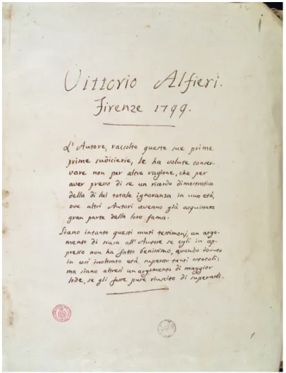 Fig. 3. Vittorio Alfieri, Primi Tentativi Tragici e Lirici, d’un Poeta in erba, 1773. © Firenze, Biblioteca  Medicea Laurenziana, Ms