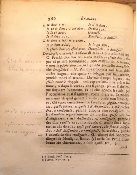 Fig. 6. Annotazione di Alfieri a B. Varchi, Dialogo dell’Ercolano, Firenze, Tartini e Franchi, 1730,  p