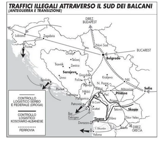 Figura 1 - Mappa dei traffici illeciti nella penisola balcanica durante le guerre di dissoluzione  jugoslava 54