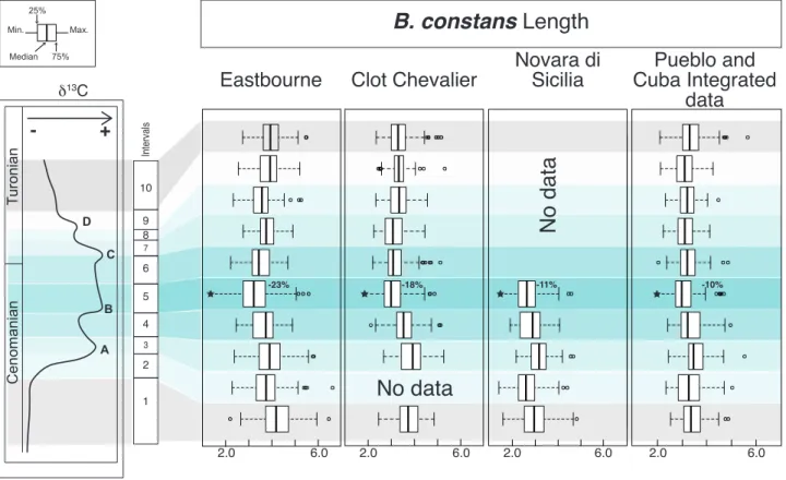 Fig. S4 - Box plot of  B. constans length across OAE 2 in the studied sections (Eastbourne, Clot Chevalier, Novara di Sicilia, and the Pueblo- Pueblo-Cuba composite curve), against δ 13 C stratigraphy