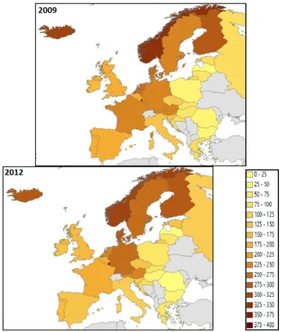Figure 2 – Evolution of “Government Budget Appropriations or Outlays for R&amp;D”; GBOARD)/capita)  in Europe for 1995, 2009 e 2012 (values corrected for “Purchasing Power Standard, PPS”, per inhabitant 