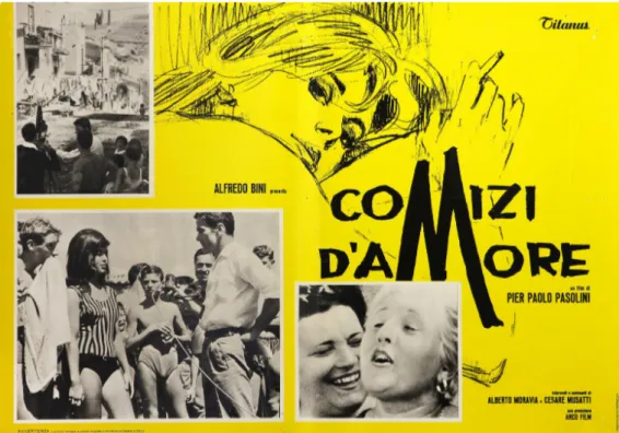 Nel 1963 Pier Paolo Pasolini girava il suo Comizi d’amore (1965, fig. 2), un do- do-cumentario-inchiesta sugli italiani e il sesso, realizzato attraverso interviste  rac-colte per le strade, le piazze, le spiagge, di centri del Nord, del Sud e delle isole,