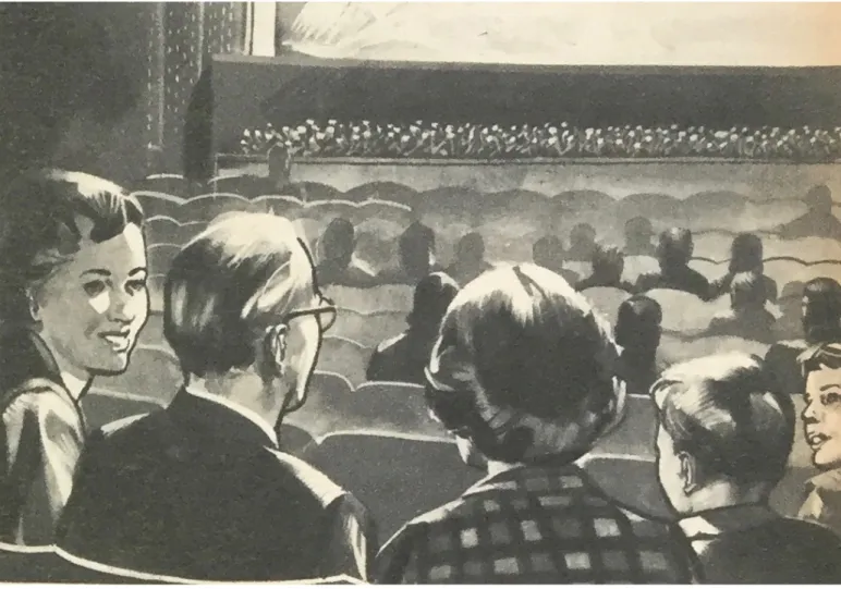Fig. 4 – Oleografia  della famiglia ideale  al cinema che illustra  le raccomandazioni relative  alle frequentazioni da evitare  in sala date da «Famiglia  Cristiana» nel numero  del 13 novembre 1960.