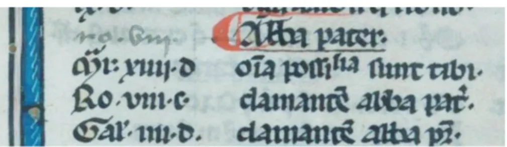 Figura 5 – Voce di concordanza «Abba pater» nel ms. 28, f. 001,  Biblioteca municipale di Saint-Omer 47