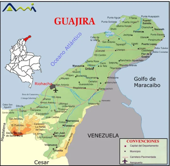 Fig. 1 – G UAJIRA  (carta scaricata dal sito http://boletinceadguajira.wordpress.com/2009/03/13/la- http://boletinceadguajira.wordpress.com/2009/03/13/la-unad-mas-alla-del-desierto-guajiro/mapa-guajira/) 