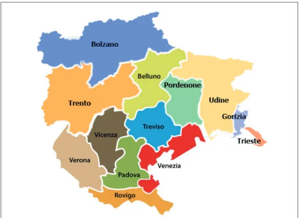 Fig. 2. The provincies of Trentino-Alto Adige, Veneto and Friuli-Venezia Giulia