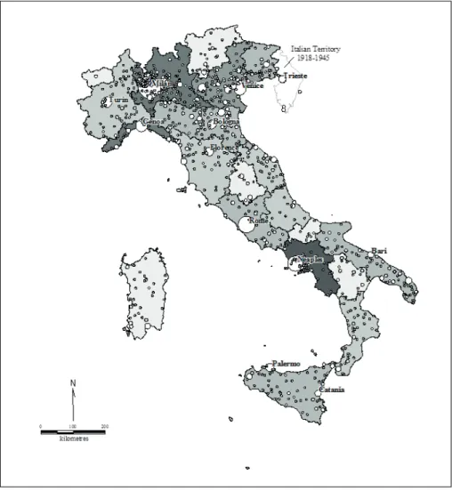 Fig. 1. Territorial distribution of respondents’ birth places and population density (1951) 