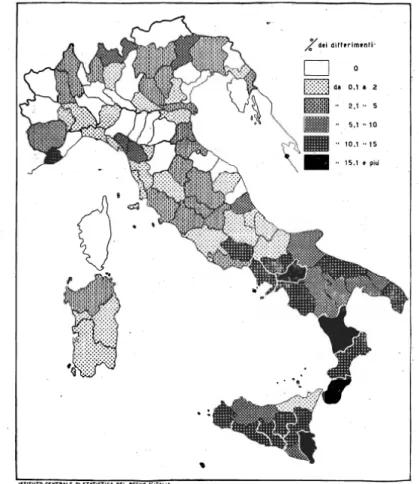 Fig. 1. Frequenza dei differimenti delle nascite maschili nelle province secondo il metodo C  nel triennio 1936-1938 (tratto da Battara 1940) 