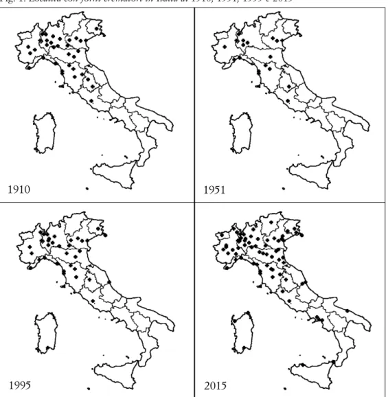 Fig. 1. Località con forni crematori in Italia al 1910, 1951, 1995 e 2015