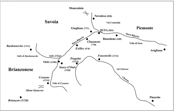 Fig. 1. Mappa del territorio tra Piemonte, Savoia e Delfinato, con altimetrie dei villaggi posiziona- posiziona-te non lontano dal livello della parrocchiale (metri s.l.m.)