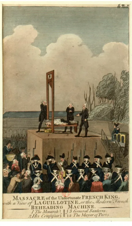 Fig. 2. Luigi XVI giustiziato il 21 gennaio 1793, stampa satirica pubblicata il 1 °  aprile 1793,  incisore Thornton