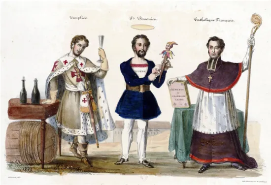 Fig. 10. Michel Delaporte, Stampa satirica contro un templare, un sansimoniano e un cattolico  francese con le sembianze dell’abbé Chatel, 1833