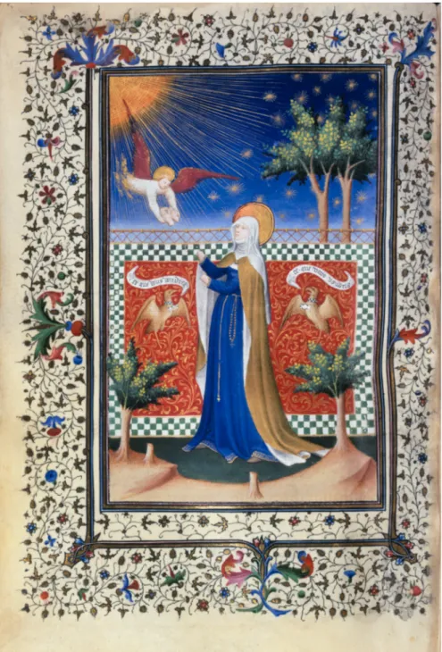 Fig. 1. Heures de Meréchal de Boucicaut, Saint Bridget of Sweden, 1410-1415, tempera on  parchment, 18x11.8, Ms 1311, fol