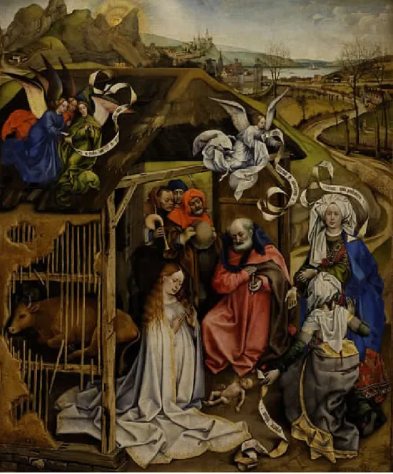 Fig. 4. Robert Campin, Nativity, ca. 1420, oil on panel, 87x70, Dijon, Musée des beaux-arts,  (Photo  &lt;https://en.wikipedia.org/wiki/Nativity_(Campin)#/media/File:The_Nativity_Robert_