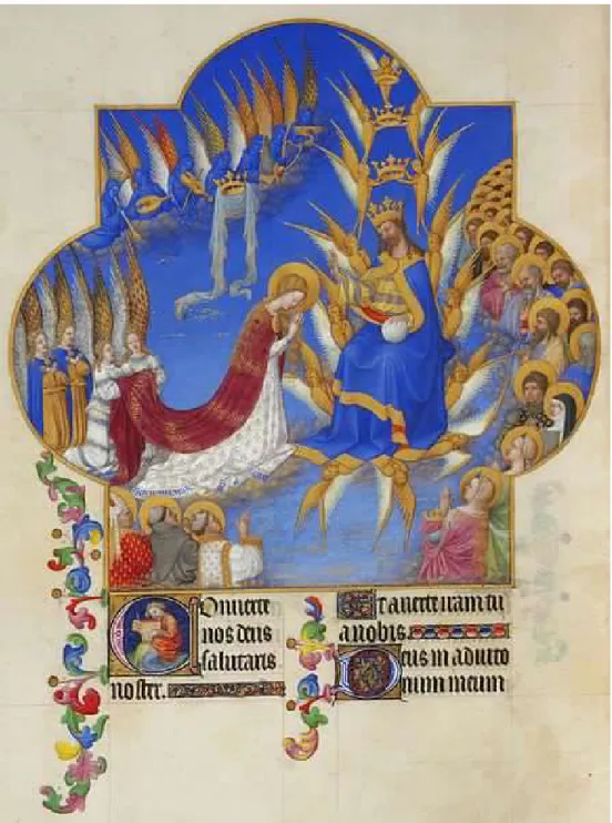 Fig. 6. Très Riches Heures du Duc de Berry, The Coronation of the Virgin, 1411-1416,  tempera on parchment, 29x21, Ms 65, fol