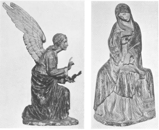 Fig. 3. Alceo Dossena, Annunciation in the manner of Simone Martini, polychromed wood,  early nineteenth century, auctioned at “Sculptures by Alceo Dossena” (New York, National Art  Galleries 1933)