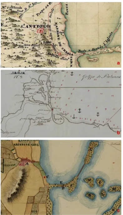 Fig. 2. Sardegna, Sant’Antioco. Individuazione del castrum (Castello Castro) nelle carte  geografiche di Giovanni Antonio Bessone (Archivio di Stato di Torino, Paesi: Sardegna, Materie  Feudali, Feudi per A e B – Memoria dell’ing