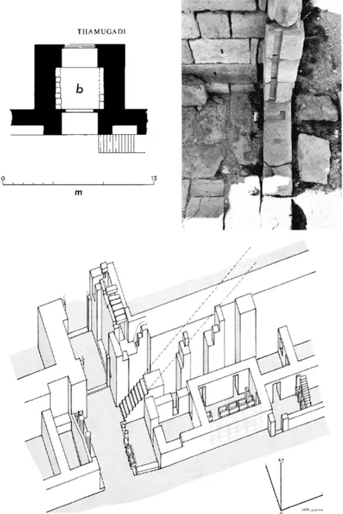 Fig. 10. Thamugadi (Timgad), planimetria (rielab. da Pringle 2001, pp. 555, fig. 6),  assonometria dell’ingresso (da Lassus 1981, p