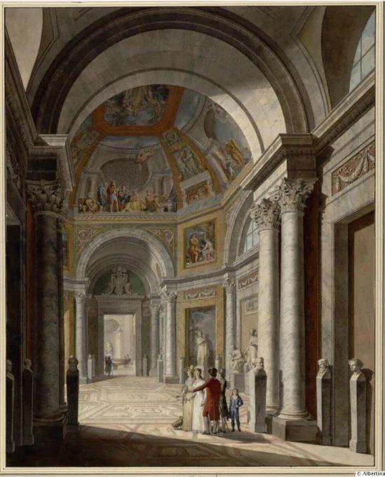 Fig. 4. V. Feoli, La Sala delle Muse del Museo Pio-Clementino, incisione acquarellata, Vienna,  Biblioteca Albertina