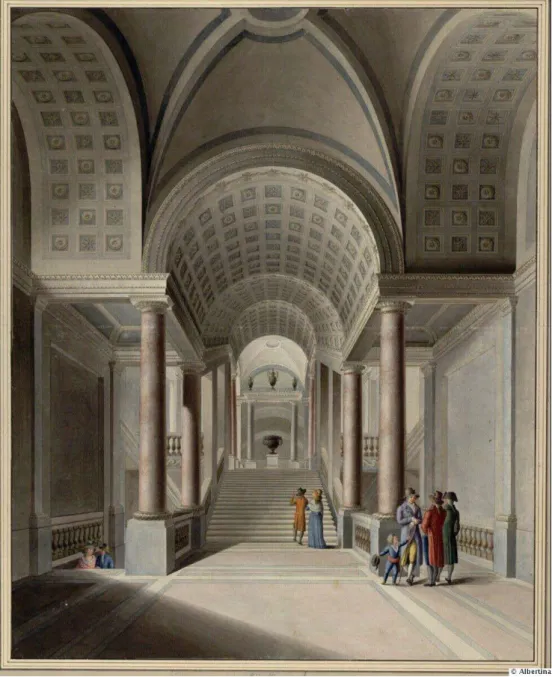 Fig. 3. V. Feoli, La Scala Simonetti del Museo Pio-Clementino, incisione acquarellata, Vienna,  Biblioteca Albertina
