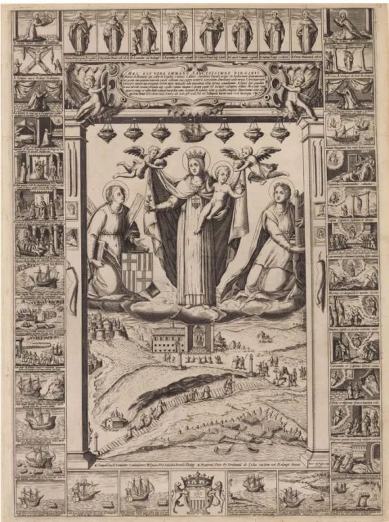 Fig. 4.  Martin  van  Valckenborch  III,  stampa  con  Nostra  Signora  di  Bonaria  tra  le  Sante  Cecilia e Eulalia, 1595, Cagliari, Collezione privata