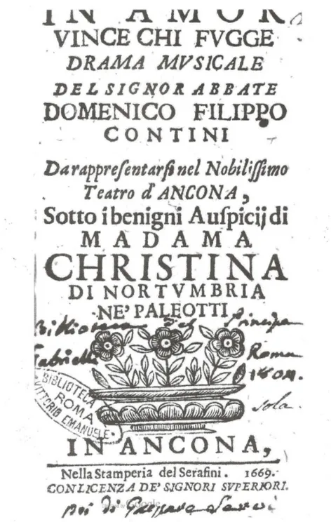 Fig. 1. Frontespizio della I edizione di Domenico Filippo Contini, In Amor Vince chi fugge,  Ancona, 1669