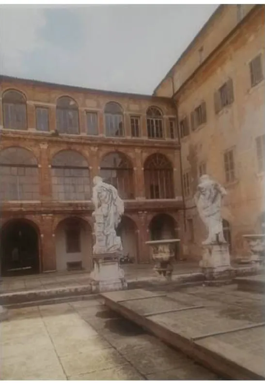 Fig.  7.  G.B.  Contini,  L.  Gregorini,  G.  Bonazza,  Visione  della  Galleria  dal  terrazzamento  esterno con gli Ercoli Marmorei (1711), Macerata, palazzo Buonaccorsi