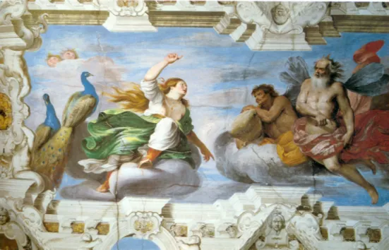 Fig. 5. Giovanni Battista Carlone, Giunone chiede ad Eolo di suscitare la tempesta, Genova,  Palazzo Ayrolo Negrone, volta della Galleria
