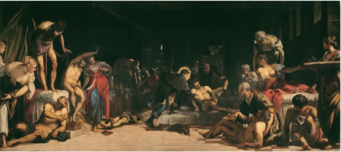 Fig.  5.  Jacopo  Tintoretto,  San  Rocco  che  risana  gli  appestati,  olio  su  tela,  cm  307×673,  Venezia, chiesa di San Rocco