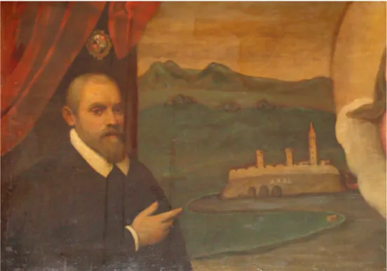 Fig.  5.  Unknown  painter,  Madonna  and  Child  with  St  Christopher  and  a  confraternity  member, detail with portrait of Nicolò de Dominis and view of Rab, Venice, Scuola Dalmata dei  SS