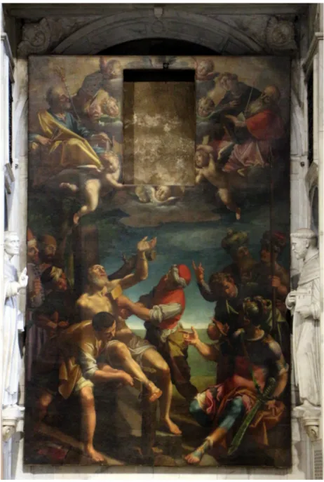 Fig. 6. Aurelio Lomi, Martyrdom of St Blaise in the presence of the saints Nicholas, Peter,  Dominic, and Jerome, 1601, Genua, church of St Maria di Castello, San Biagio chapel (originally  situated in the Ragusan chapel) (Photo A