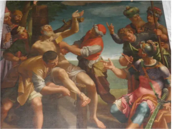 Fig. 7. Aurelio Lomi, Martyrdom of St Blaise in the presence of the saints Nicholas, Peter,  Dominic, and Jerome, 1601, detail, Genua, church of St Maria di Castello, San Biagio chapel  (Photo A