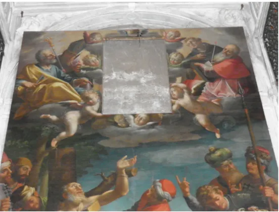 Fig. 8. Aurelio Lomi, Martyrdom of St Blaise in the presence of the saints Nicholas, Peter,  Dominic, and Jerome, 1601, detail, Genua, church of St Maria di Castello, San Biagio chapel  (Photo A